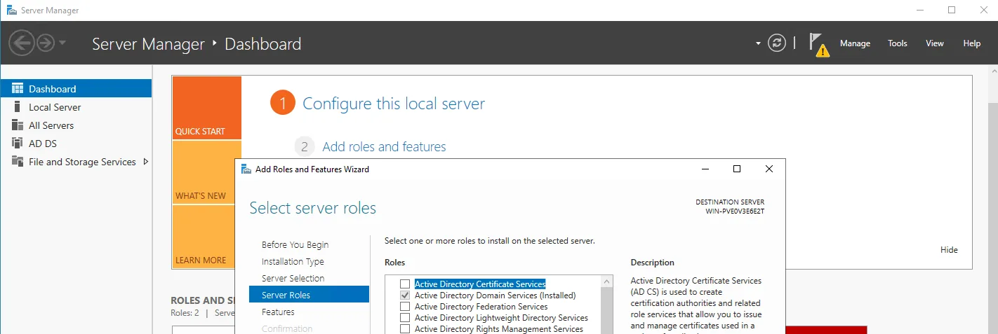 Add Roles and Features Wizard with Active Directory Domain Services selected