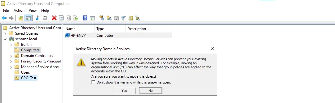 Moving the HP-ENVY computer object into the GPO-Test OU