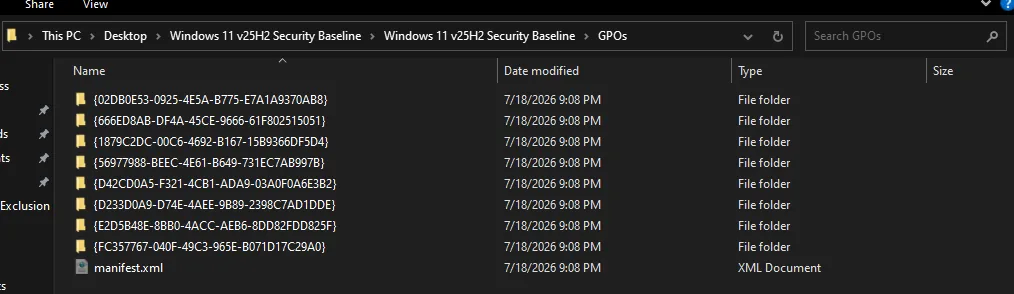 Windows 11 security baseline GPO backup folders in File Explorer