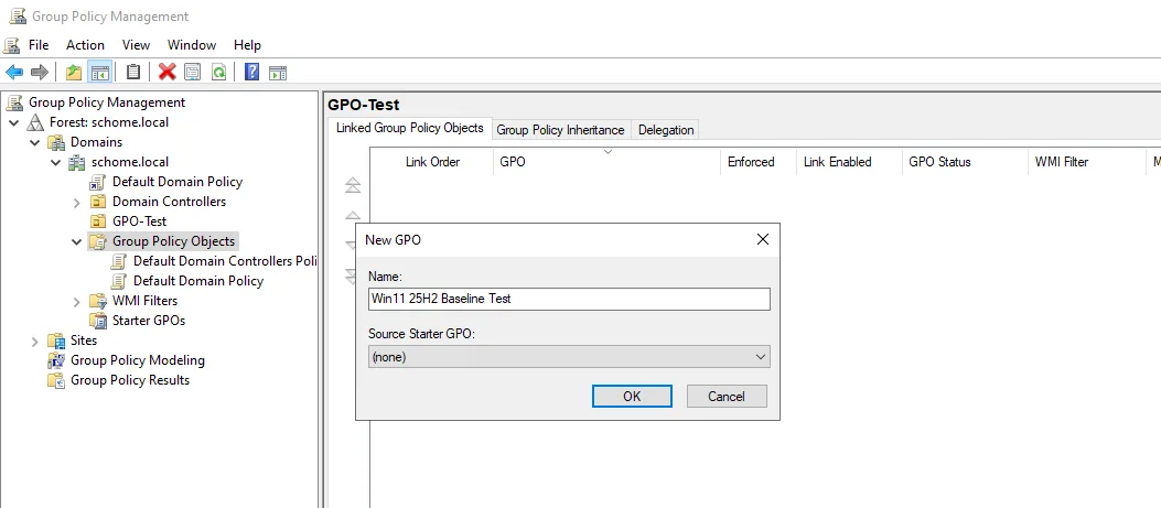 Creating a new GPO named Win11 25H2 Baseline Test in GPMC