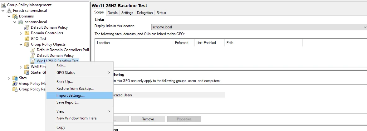 Selecting Import Settings on the new GPO