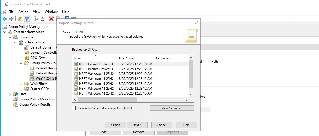Import Settings wizard listing the backed-up MSFT Windows 11 baseline GPOs