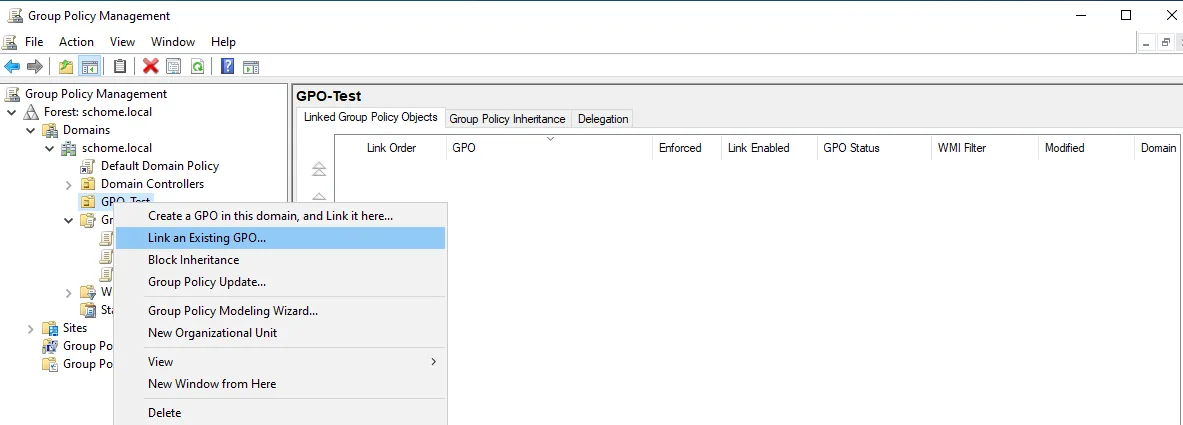 Linking an existing GPO to the GPO-Test OU