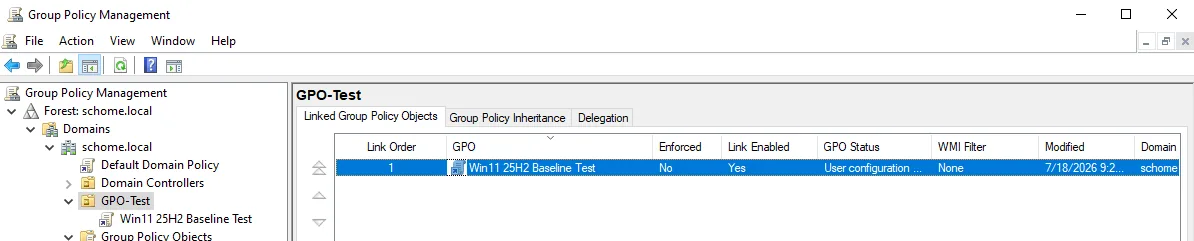 GPO-Test OU showing the linked Win11 25H2 Baseline Test GPO