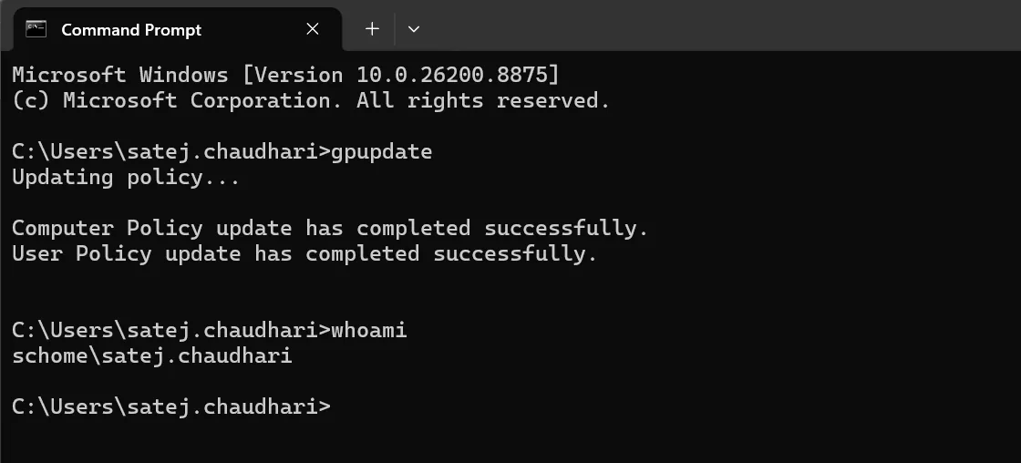 gpupdate completing successfully and whoami returning the domain user