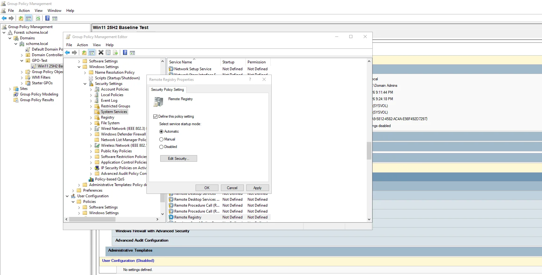 Group Policy Management Editor showing the baseline's System Services settings