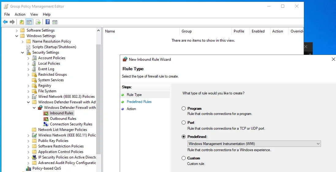 New Inbound Rule Wizard adding a predefined WMI firewall rule via GPO