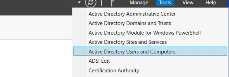 Server Manager Tools menu with Active Directory Users and Computers highlighted