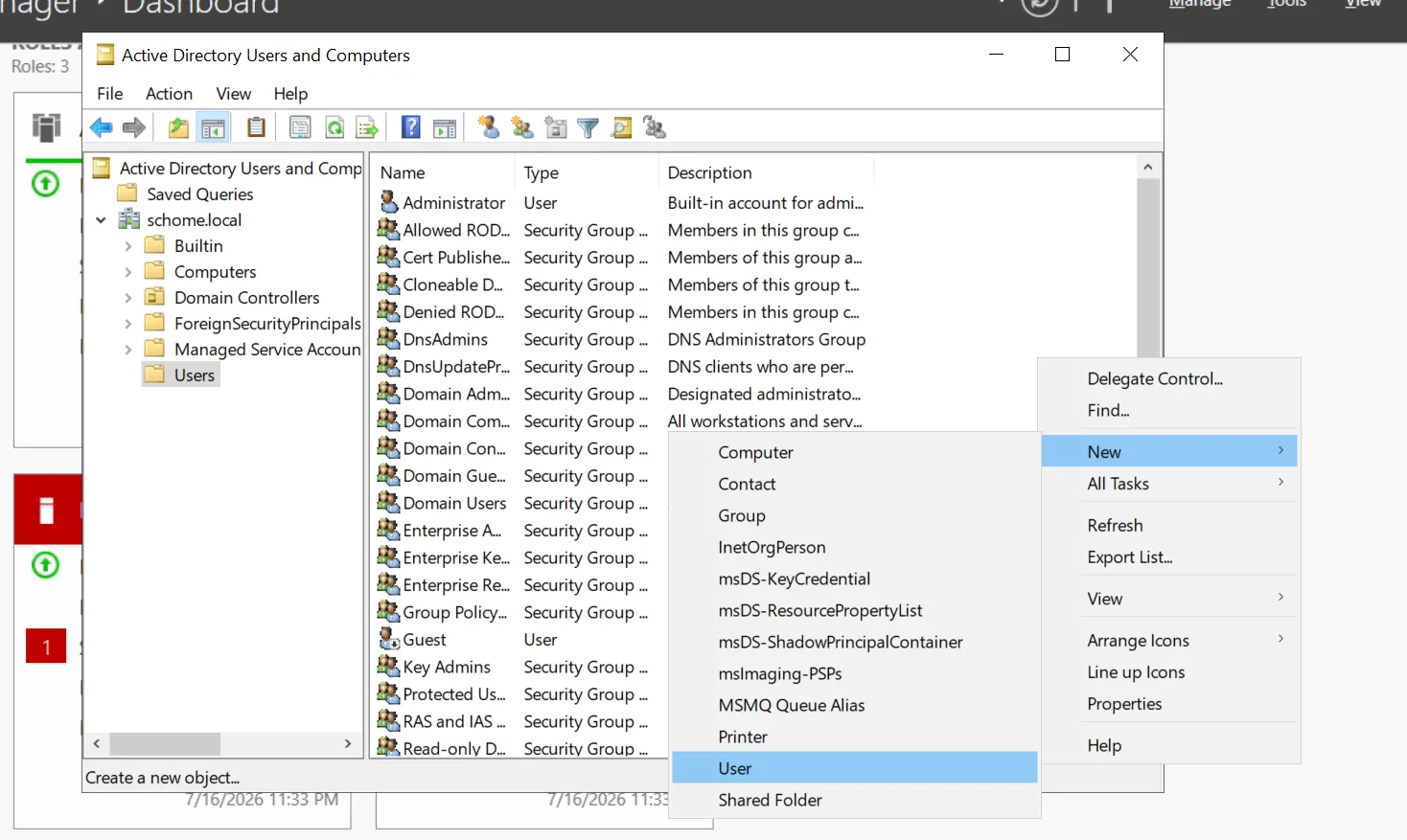 Creating a new user object in the Users container in ADUC