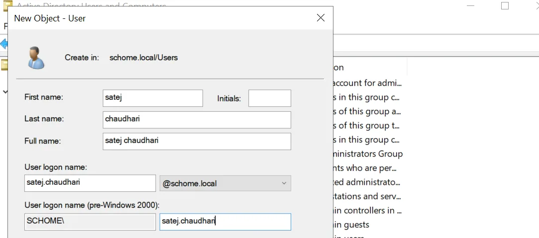 New Object - User dialog with the account details filled in