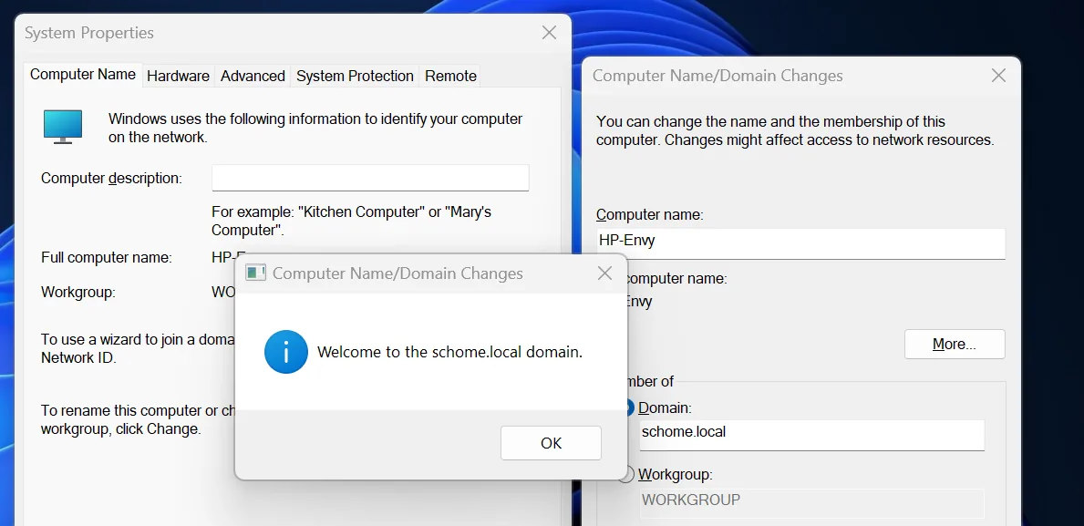 System Properties showing the HP-Envy client joined to the schome.local domain