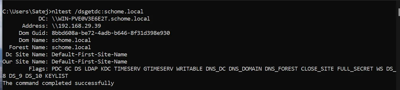 nltest output confirming the domain controller for schome.local