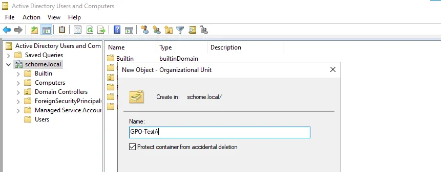 Creating a new Organizational Unit named GPO-Test