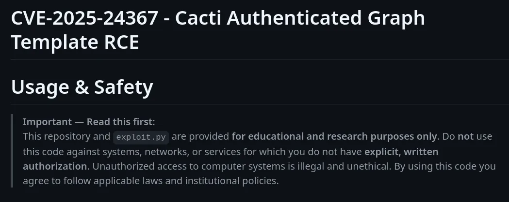 The CVE-2025-24367 exploit script running against the Cacti instance