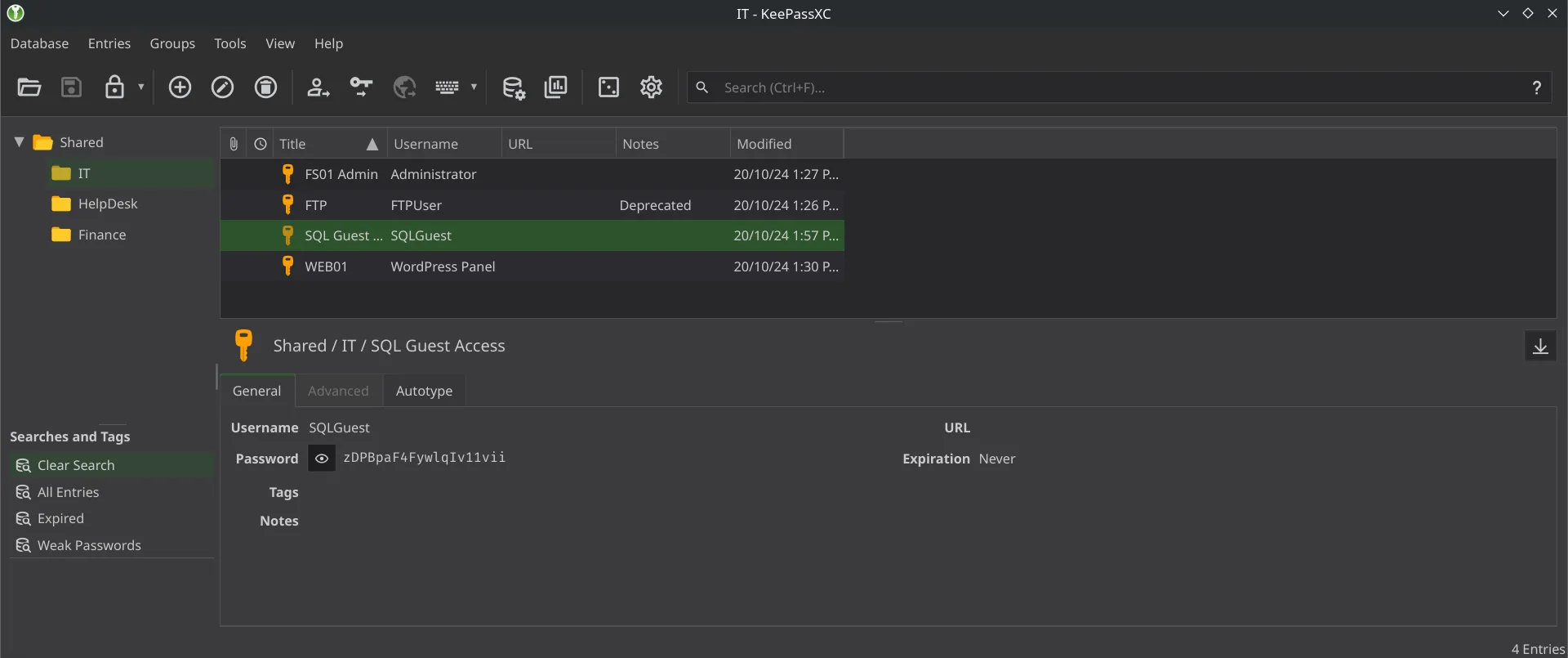 The unlocked KeePass database open in KeePassXC