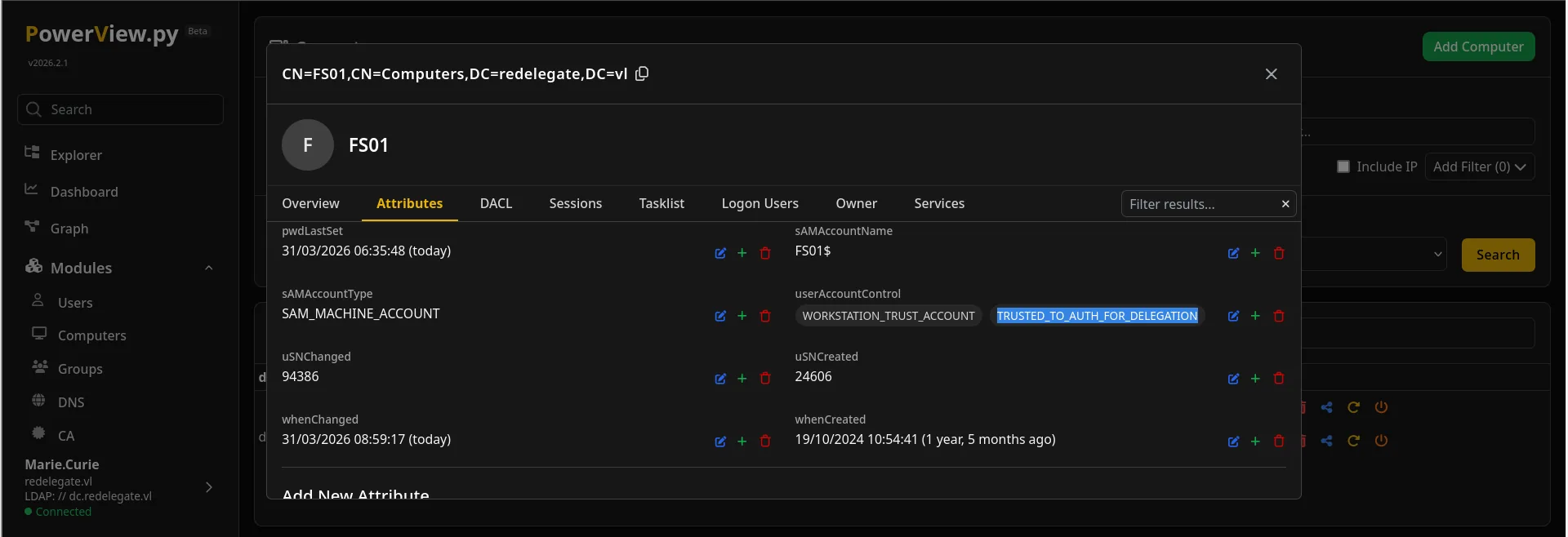 Setting TRUSTED_TO_AUTH_FOR_DELEGATION on the FS01$ computer account