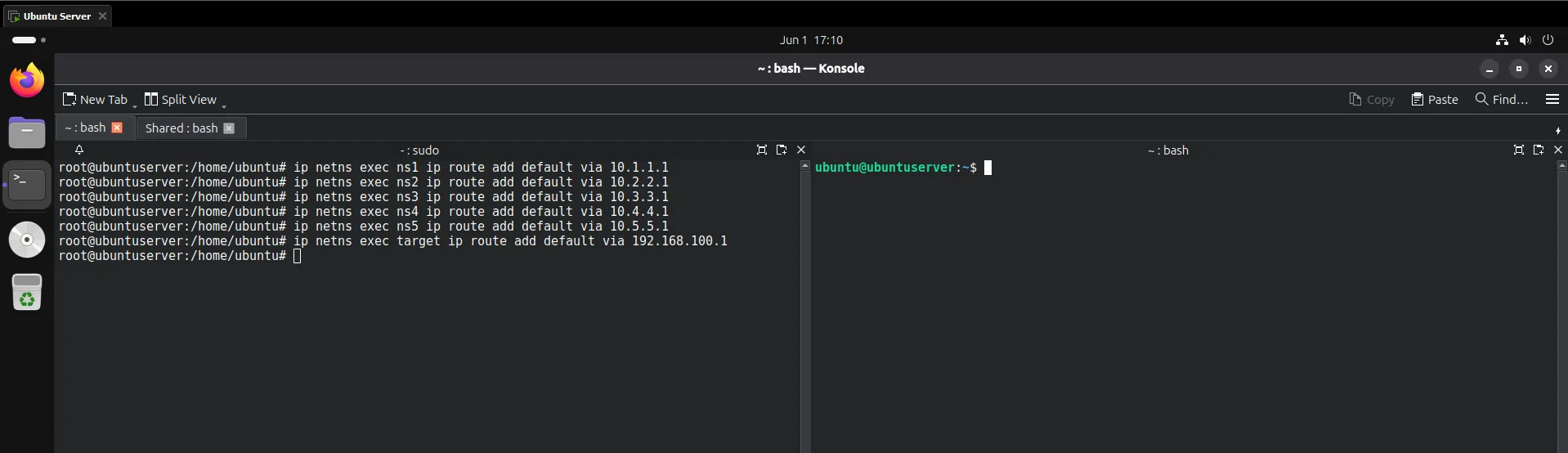 Adding default routes in each namespace pointing at the ids namespace