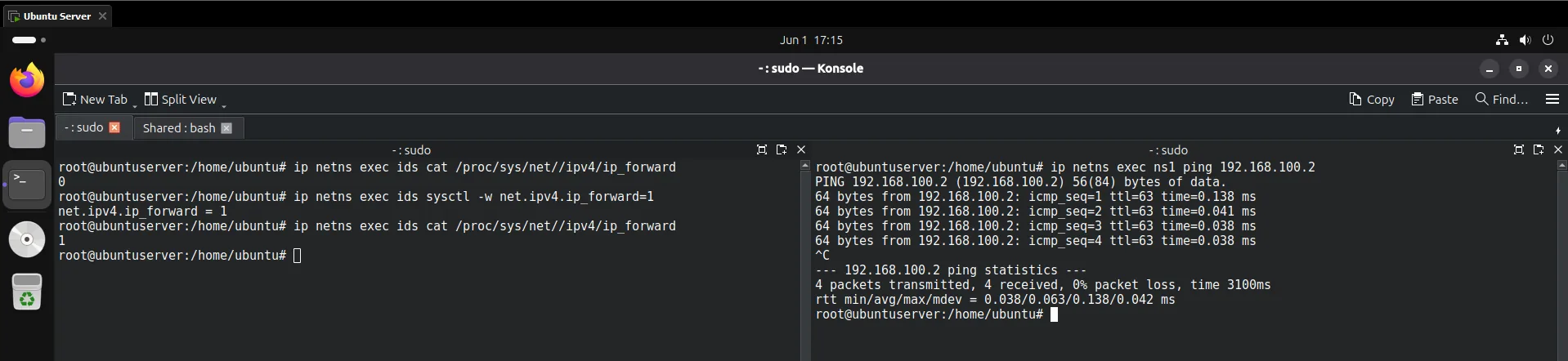 Enabling net.ipv4.ip_forward and a ping showing ttl=63 with zero packet loss