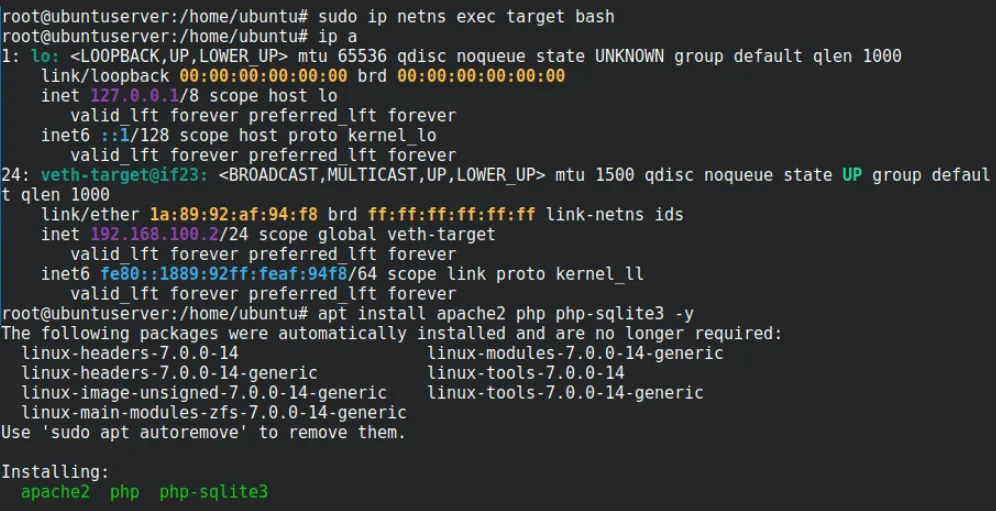 Inside the target namespace, ip a shows veth-target with 192.168.100.2/24