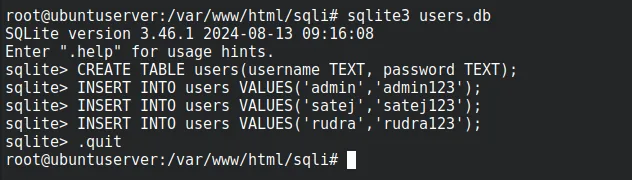 Creating the users table and inserting three accounts in SQLite