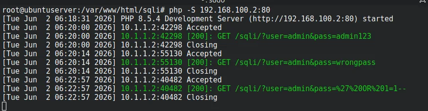 Starting PHP's built-in web server bound to 192.168.100.2:80