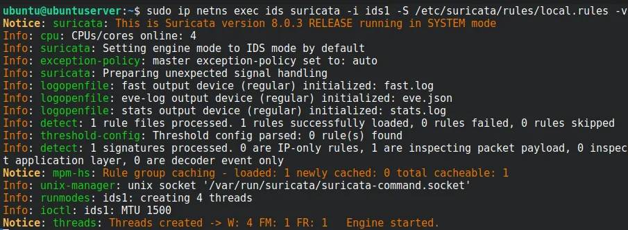 Suricata starting on interface ids1 and beginning live capture