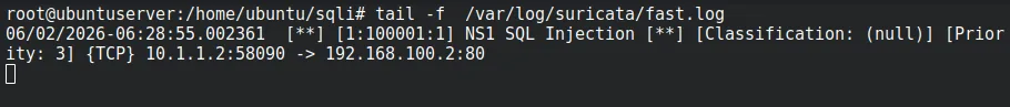 fast.log entry showing the NS1 SQL Injection alert with sid 100001