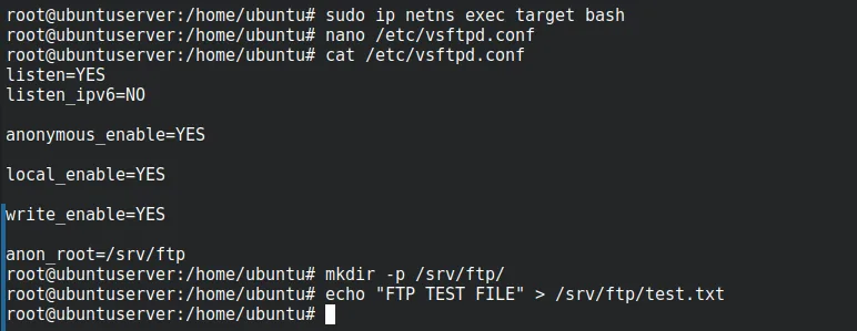 vsftpd.conf with anonymous_enable set to YES and anon_root /srv/ftp
