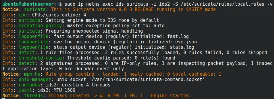 Suricata starting on interface ids2