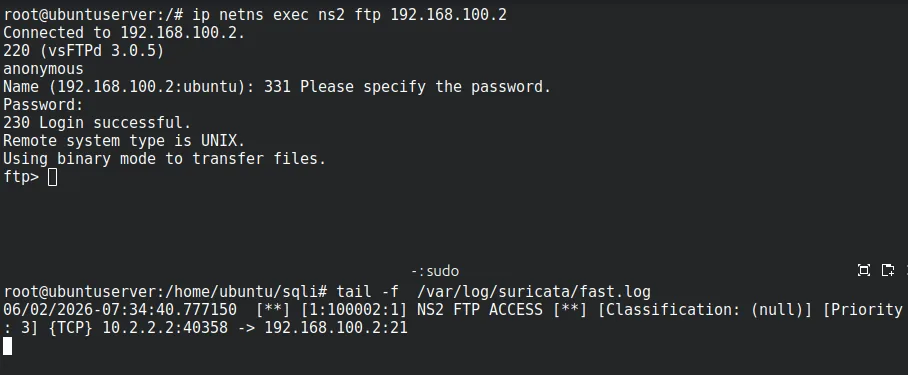 Anonymous FTP session from ns2 and the resulting fast.log alert