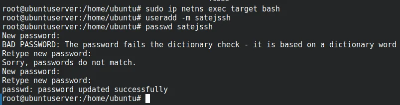 Creating the satejssh user account in the target namespace