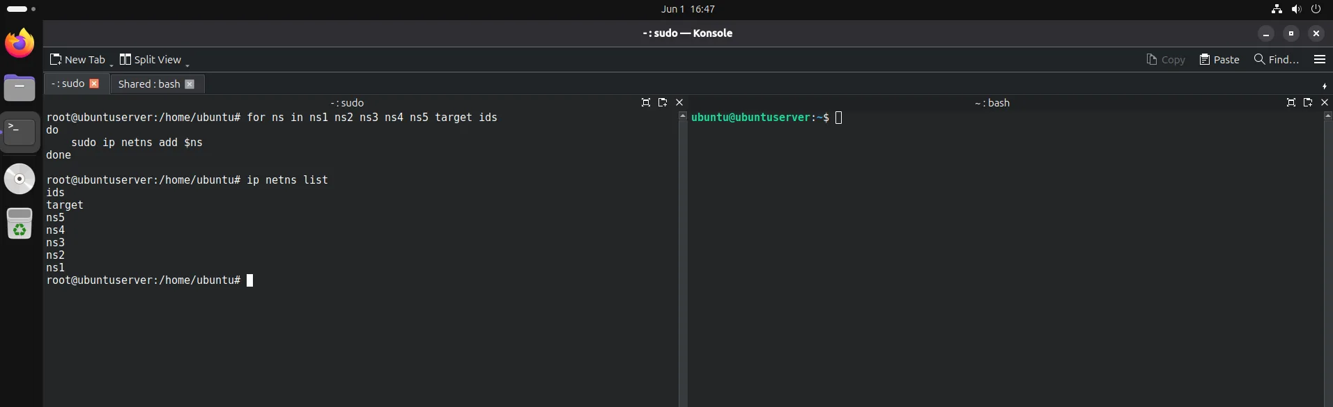 ip netns add creating seven namespaces and ip netns list confirming them