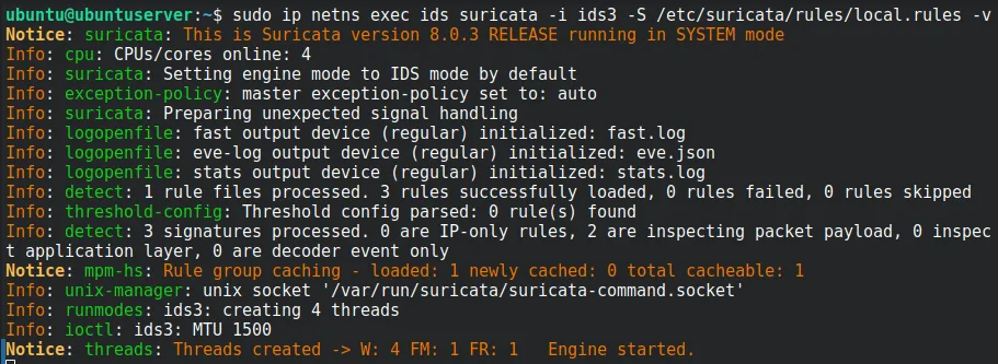 Suricata starting on ids3 with the brute-force rule loaded