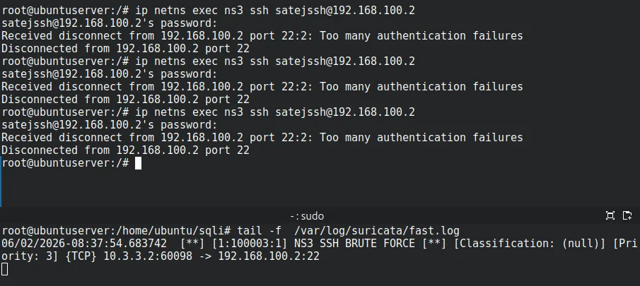 fast.log entry for NS3 SSH BRUTE FORCE after three attempts