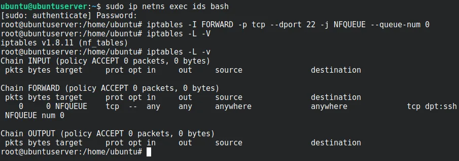 iptables FORWARD rule sending SSH traffic to NFQUEUE queue 0
