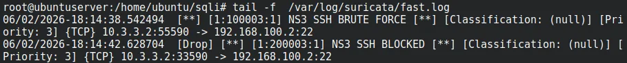 Suricata drop event generated for blocked SSH traffic