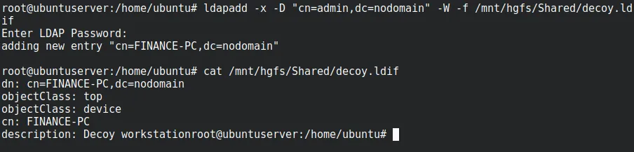 Importing the decoy FINANCE-PC object with ldapadd