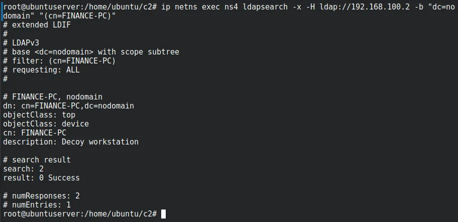 ldapsearch returning the FINANCE-PC decoy object and its attributes