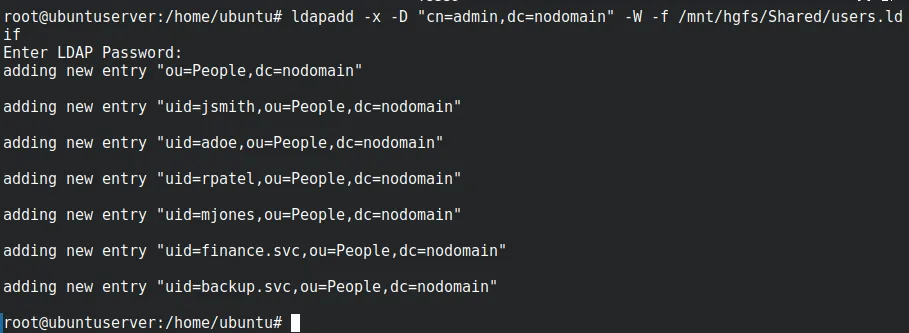 Importing the six user accounts with ldapadd