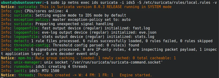 Suricata started on interface ids5