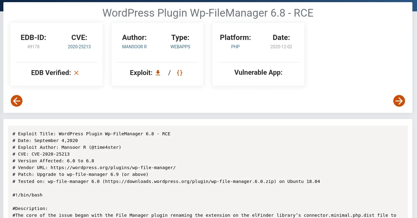 Exploit-DB page for the wp-file-manager vulnerability