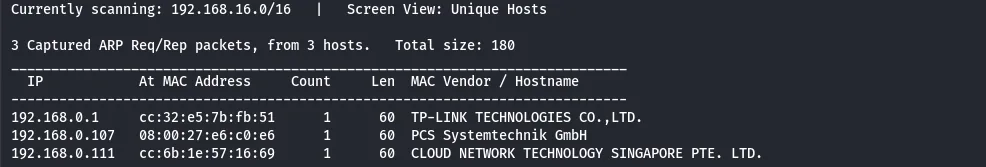 netdiscover showing the target IP