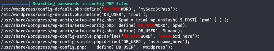 Database credentials found by linpeas