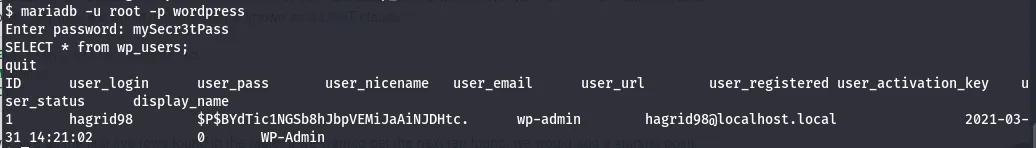 wp_users row with hagrid98's password hash
