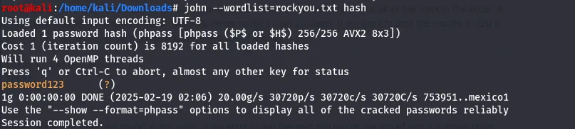 John cracking the hash to password123